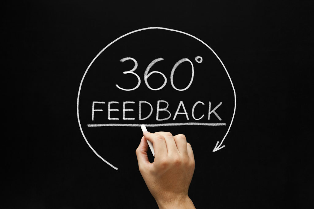 Writing on a chalkboard of "feedback" and "360